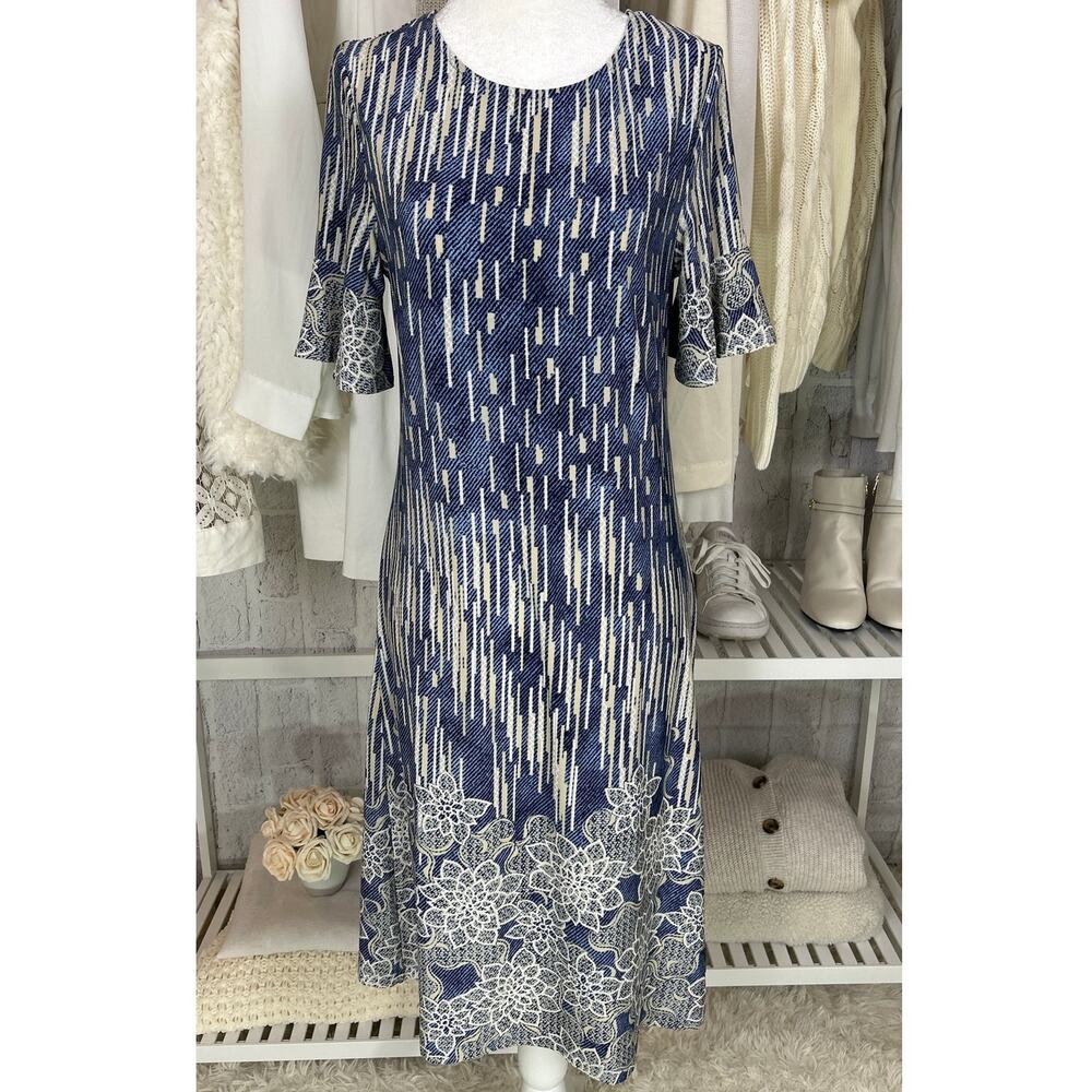 Ellen Weaver Women's Size S Blue & Cream Graphic Floral Shift Dress #0422